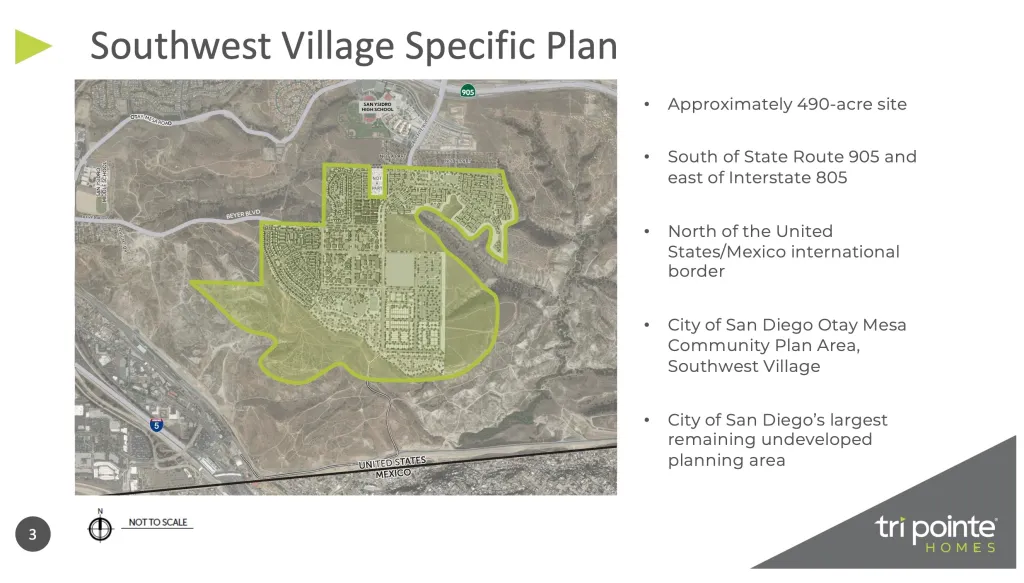 Aerial map of the Southwest Village Specific Plan, outlining a 490-acre undeveloped area in San Diego near the US-Mexico border, with proposed residential and commercial developments.