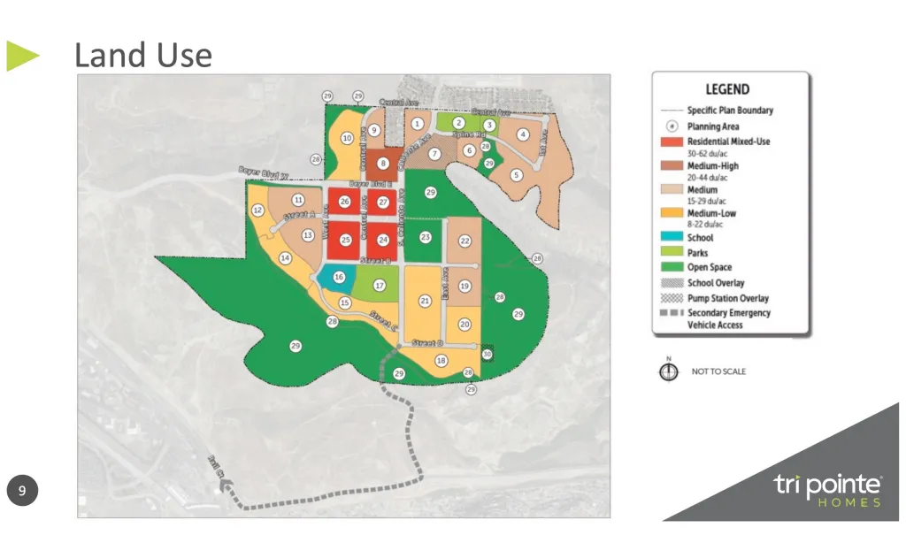 Illustration of the Tri Pointe Homes San Diego Southwest Village Specific Plan land use map, showing planning areas for residential mixed-use, schools, parks, and open space.