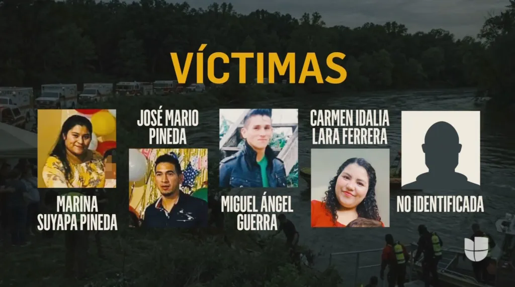 Collage of five portraits with "VÍCTIMAS" (VICTIMS) above, identifying Jose Mario Pineda, Marina Suyapa Pineda, Miguel Ángel Guerra, and Carmen Idalia Lara Ferrera, with one portrait listed as "NO IDENTIFICADA" (NOT IDENTIFIED).