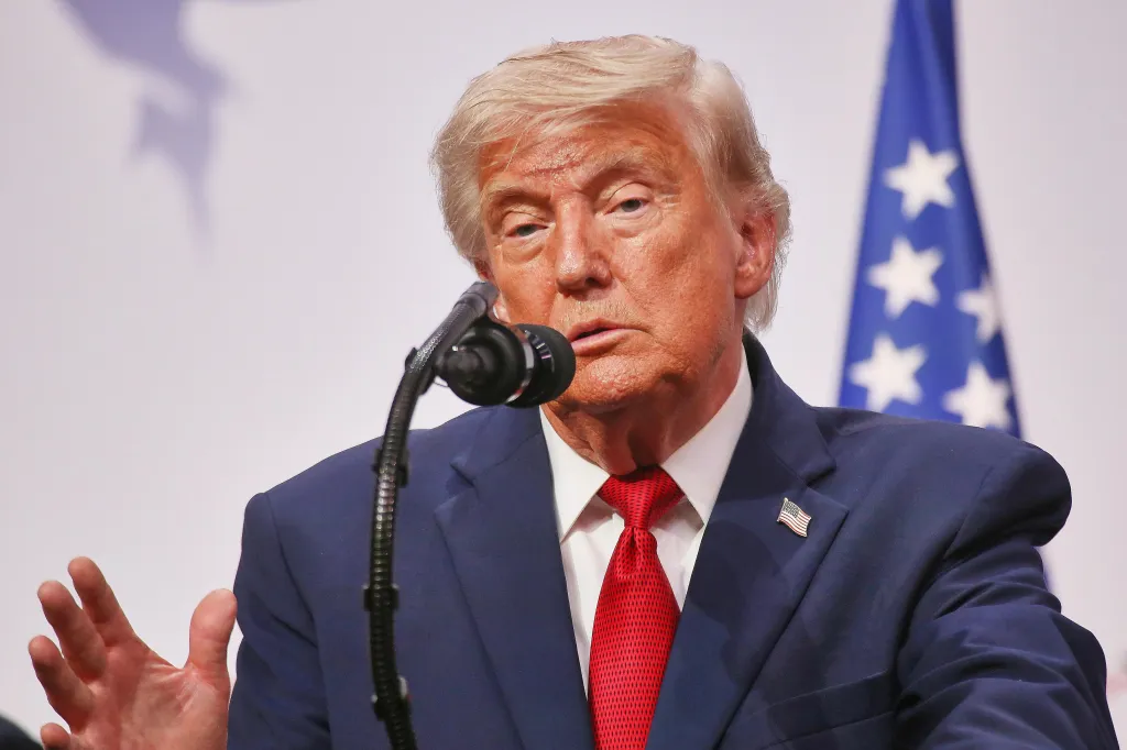 Donald Trump at a press conference at the G7 Summit.