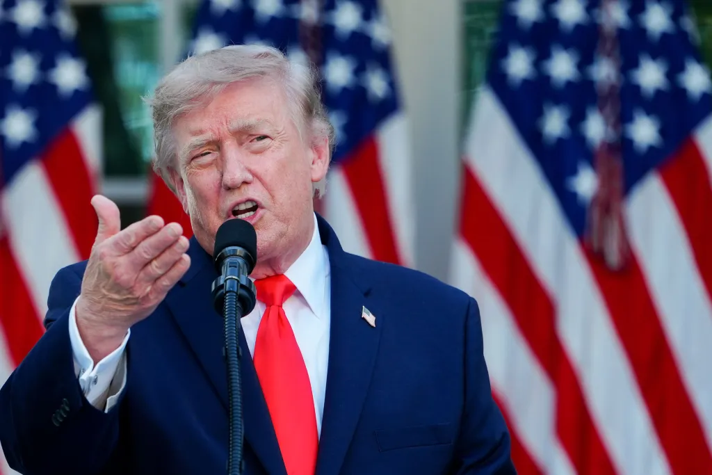 US President Donald Trump speaks during a dinner with American farmers in the Rose Garden of the White House in Washington, DC.