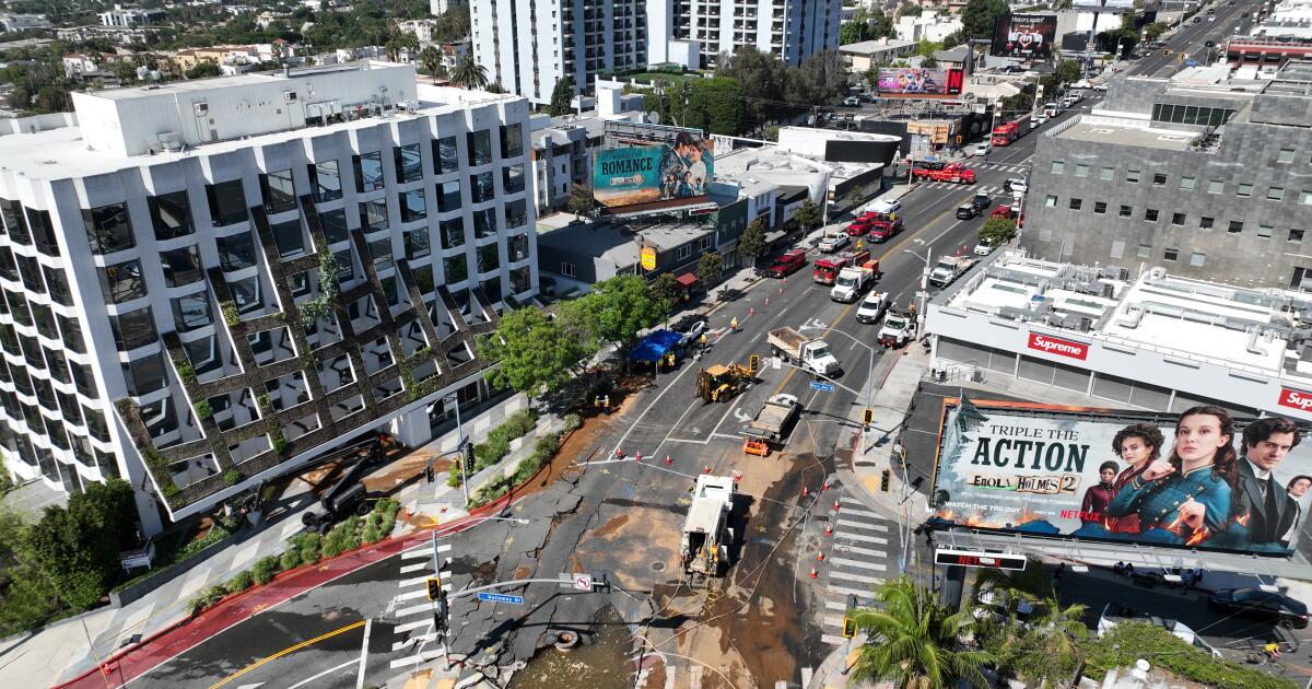 Stretch of Sunset Boulevard closed indefinitely as crews repair ruptured water main