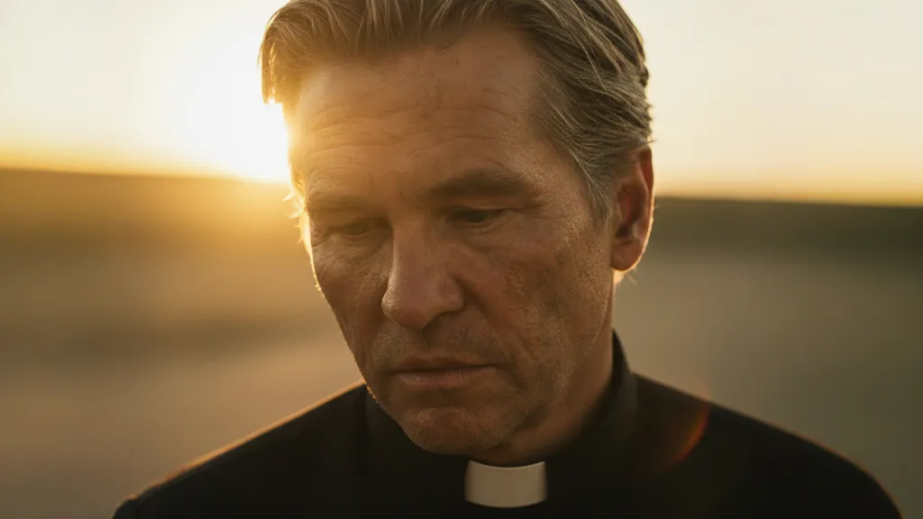 Val Kilmer as a priest, looking down.