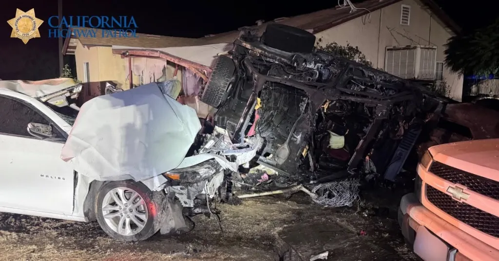 A mangled white Chevy Malibu and a black Jeep are shown after a fatal crash.