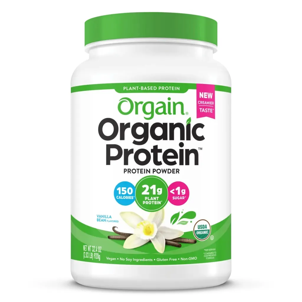 Orgain Organic Protein Plant Based Protein Powder, Vanilla Bean flavored.