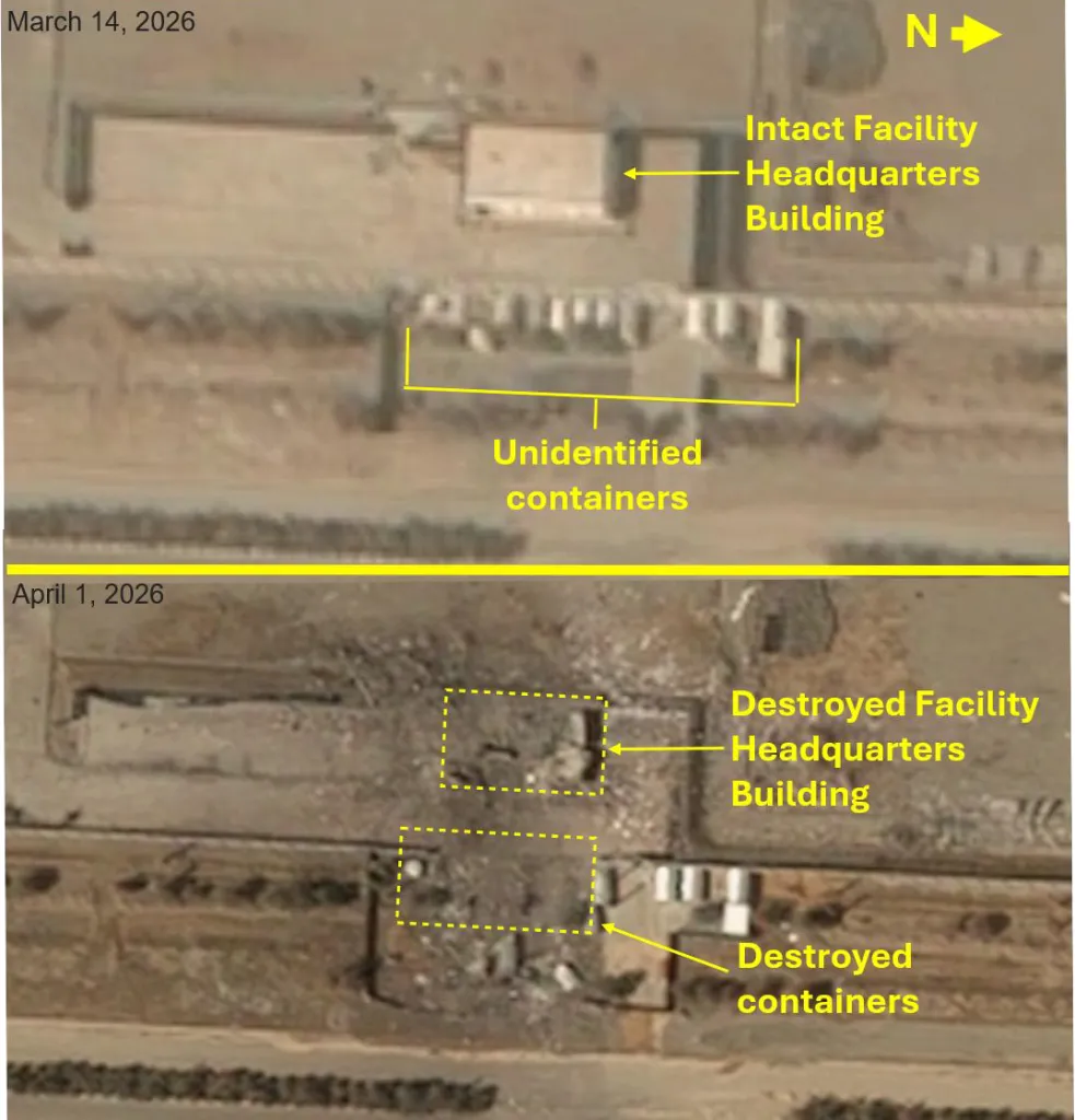 Before and after satellite view of a destroyed headquarters building and containers.