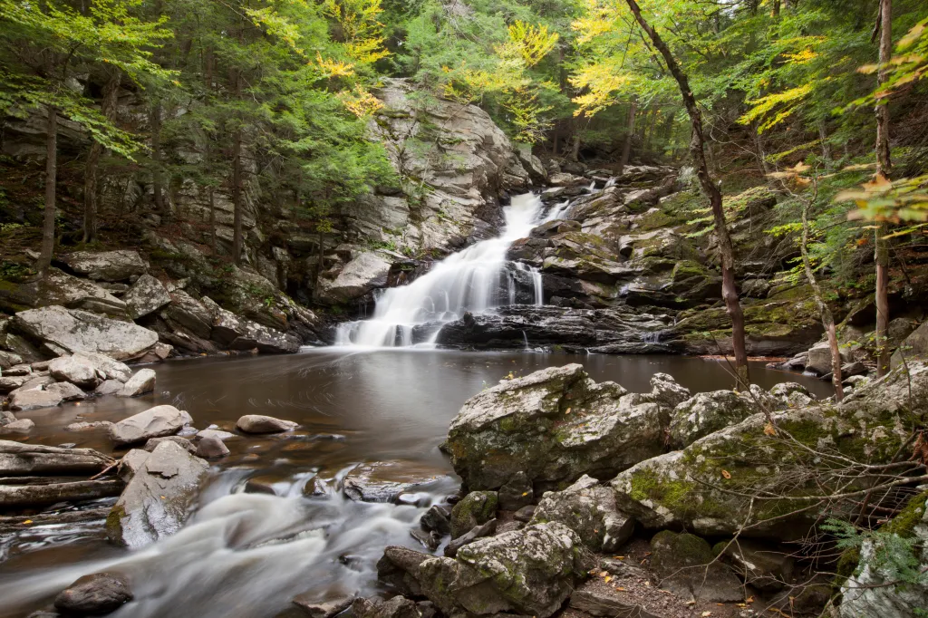 Wahconah Falls in the Berkshire Mountains with lush green and yellow foliage, surrounded by mossy rocks.