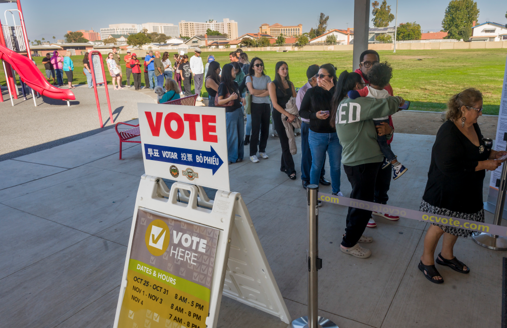 Voters standing in a long line at a voting center.