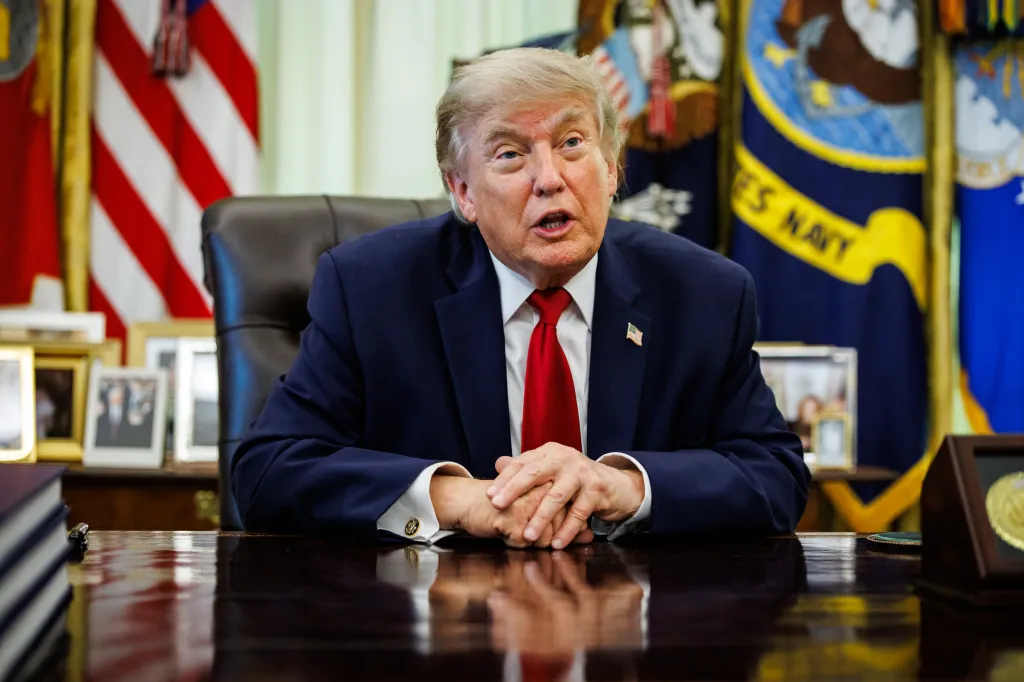 President Donald J. Trump speaking in the Oval Office.