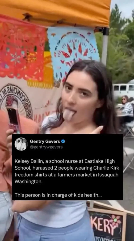 A woman with long dark hair sticks out her tongue and points, with a superimposed tweet accusing her of harassment.