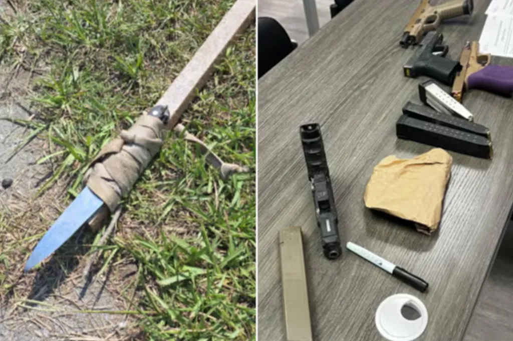 Collage of a homemade spear and an array of firearms and magazines on a table.