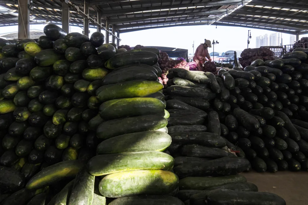 Winter melons piled high at a vegetable wholesale market in Jinan, China, with a vendor in the background.