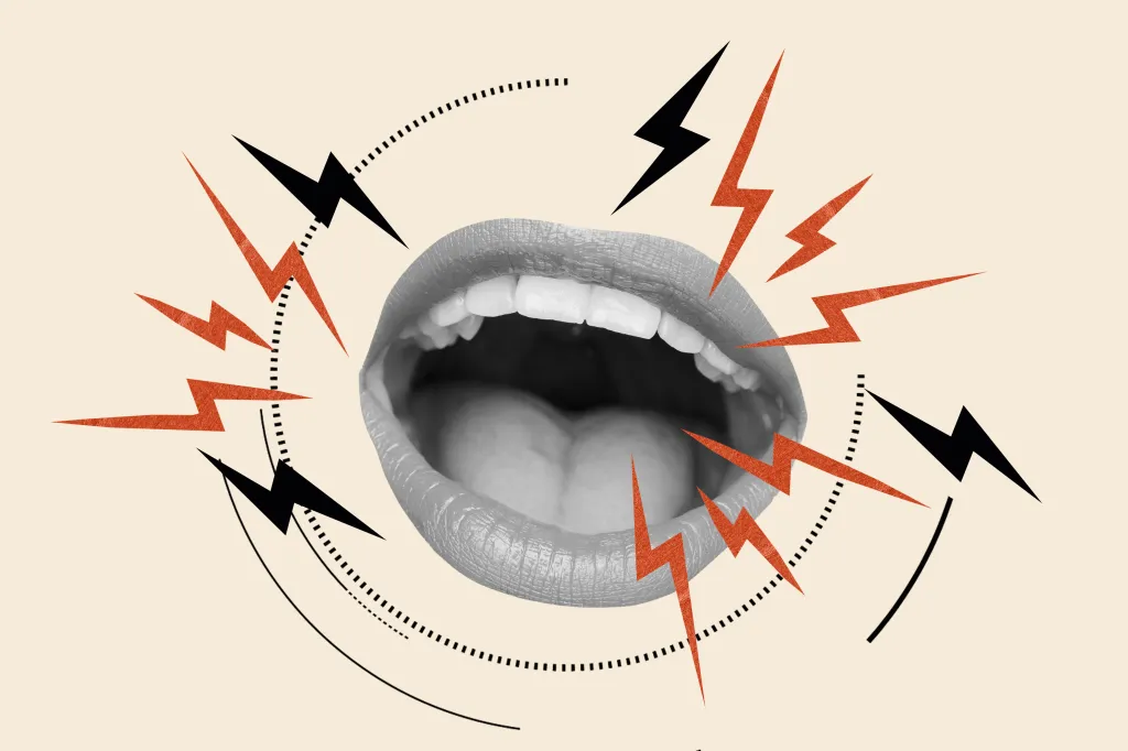 Illustration of an open mouth shouting with orange and black lightning bolt rays around it on a beige background.