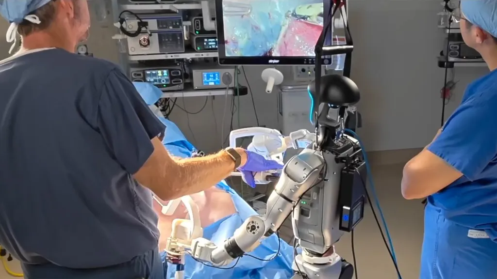 A humanoid robot assisting a surgeon during surgery.