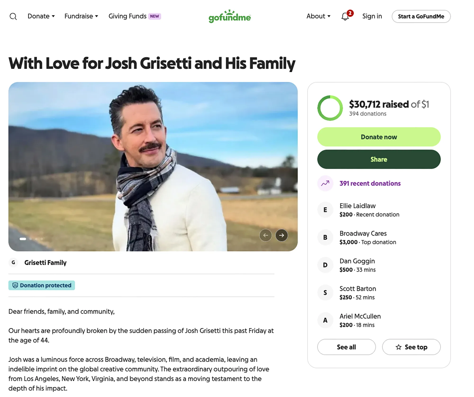 Screenshot of a GoFundMe page for Josh Grisetti and his family, featuring a photo of Josh Grisetti smiling, and details about donations.