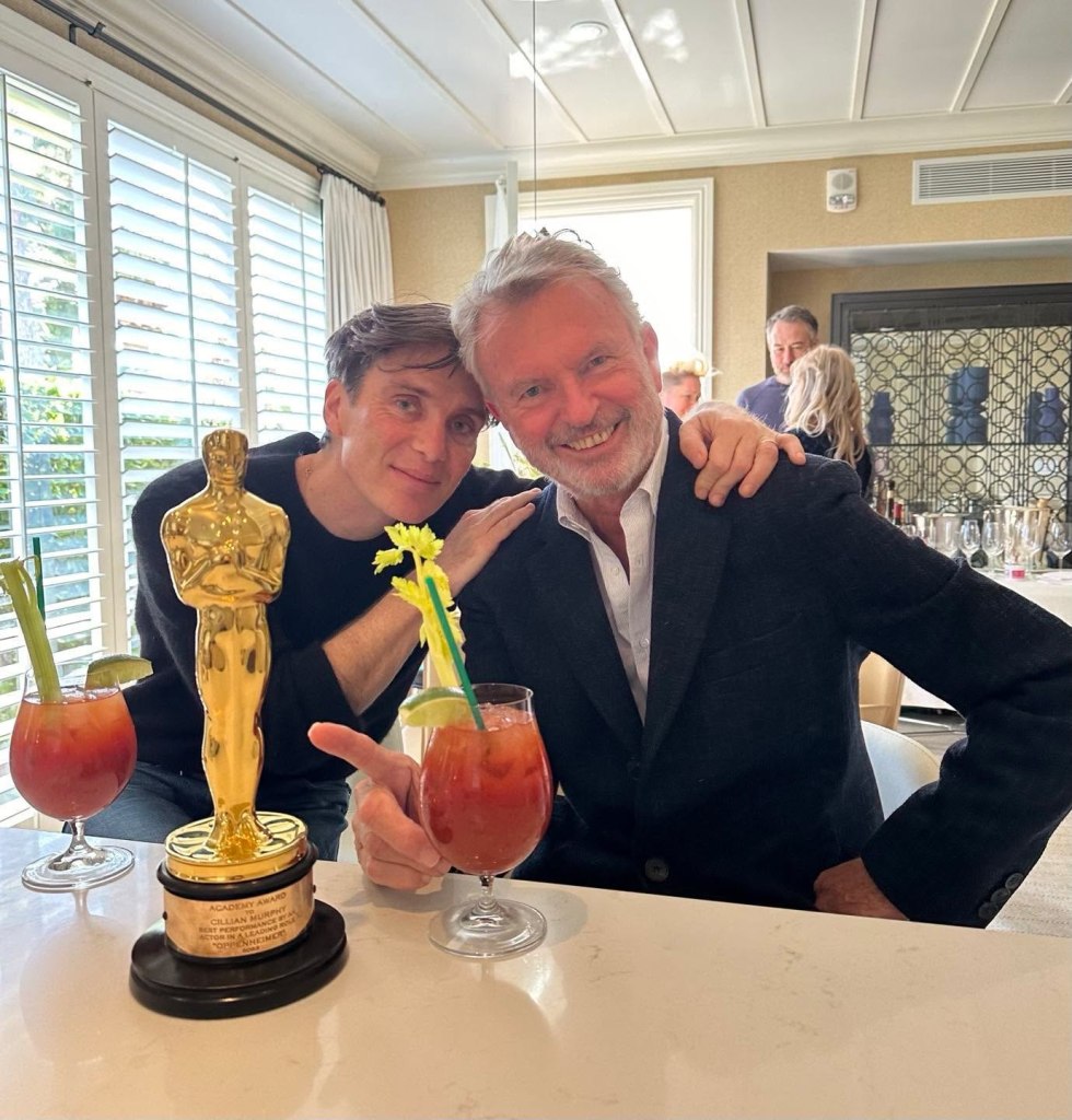 Sam Neill and Cillian Murphy pose with Cillian Murphy's Oscar for 