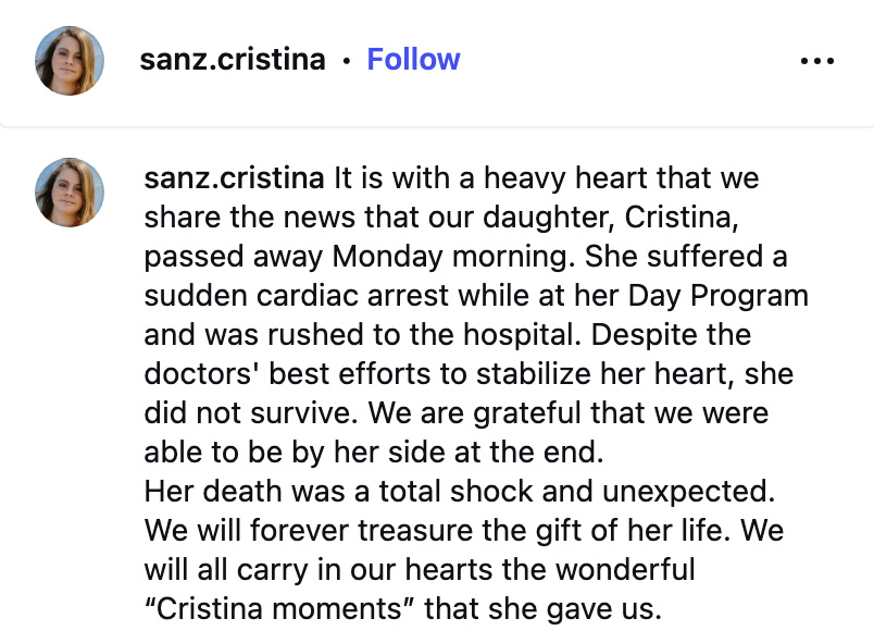 Instagram post announcing the passing of Cristina Sanz.