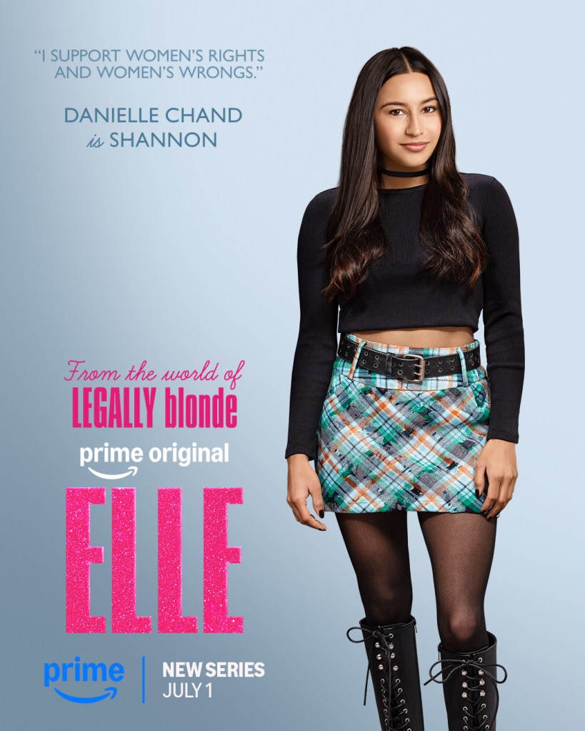 Danielle Chand as Shannon from the Prime Original series "ELLE" standing against a blue background.