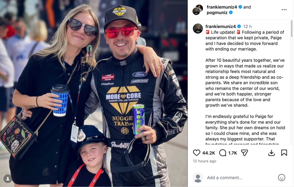 Frankie Muniz, his wife, and their son pose for a family photo next to an Instagram post announcing their separation.