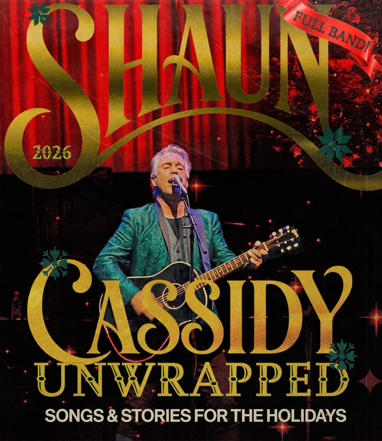 Illustration of Shaun Cassidy performing with a guitar, with "Shaun Cassidy Unwrapped" in golden letters.