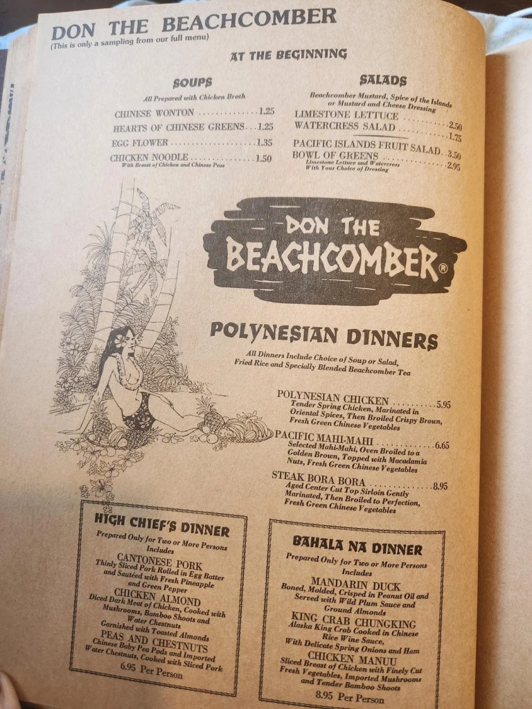 Illustration of a 1975 menu from Don the Beachcomber restaurant featuring Polynesian dinners, soups, and salads.