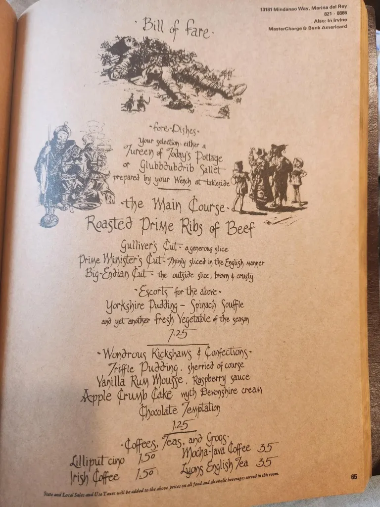 Illustration of a vintage menu from a restaurant in Marina del Rey, CA in 1975, featuring dishes inspired by Gulliver's Travels.
