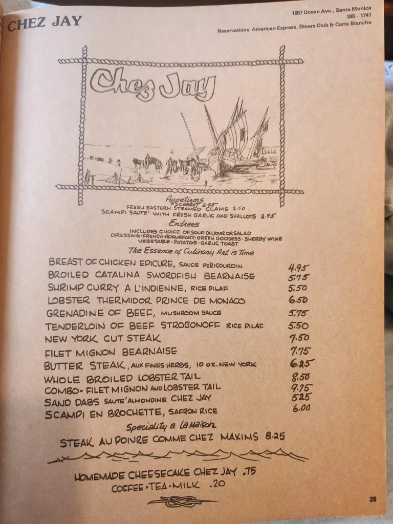 Illustration of the Chez Jay menu from 1975, showing appetizers, entrees, and desserts with prices.
