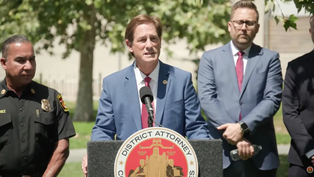 Nathan Hochman speaking at a press conference about July 4th and fireworks.