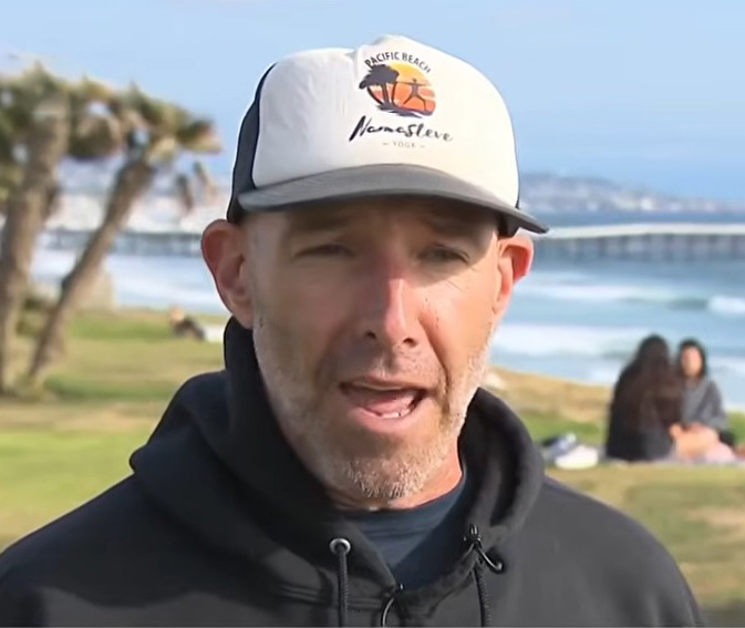 A man identified as "NamaSteve" wearing a "Pacific Beach Yoga" hat.