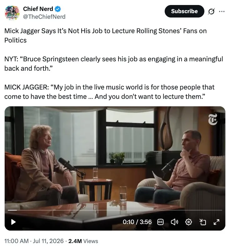 A tweet from Chief Nerd with a video of Mick Jagger saying it's not his job to lecture fans on politics, juxtaposed with a New York Times quote about Bruce Springsteen.