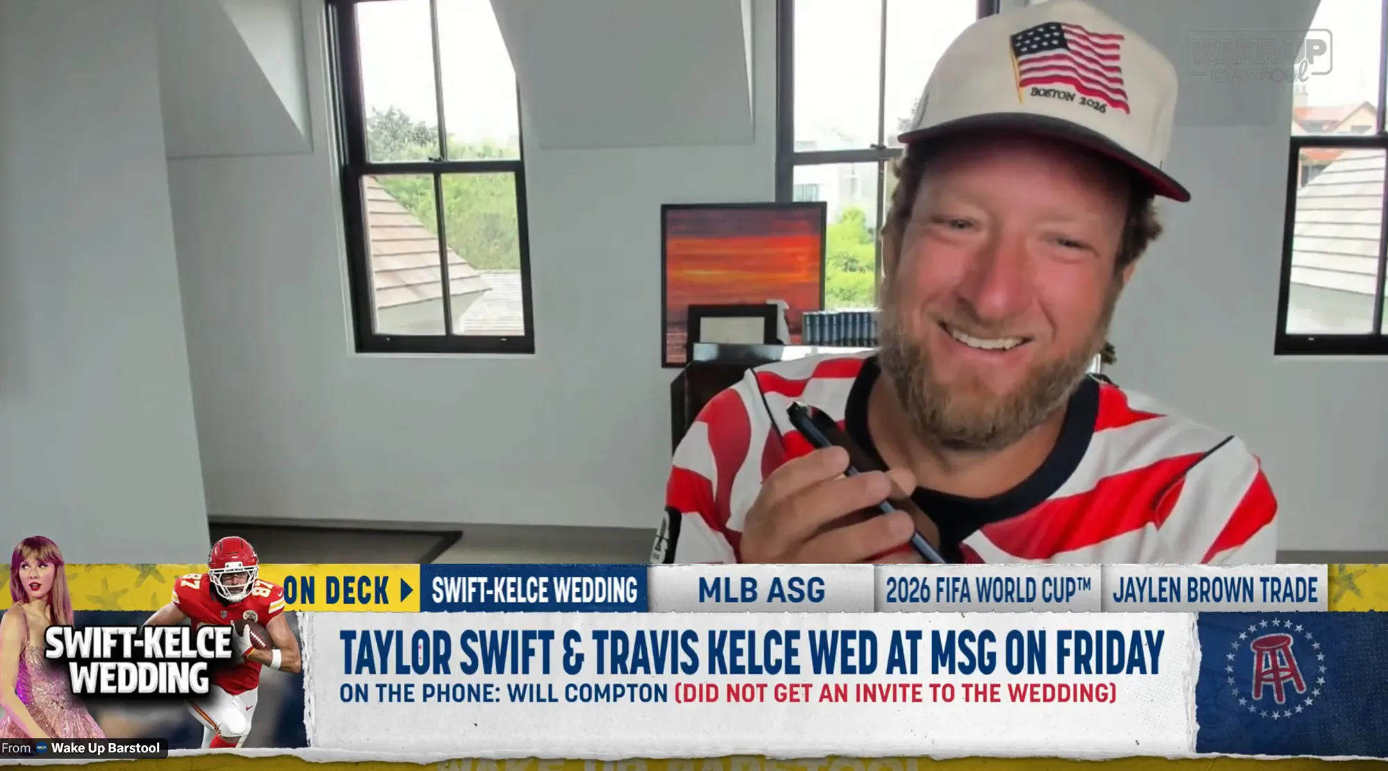 Dave Portnoy on a video call wearing a USA-themed baseball cap and shirt.