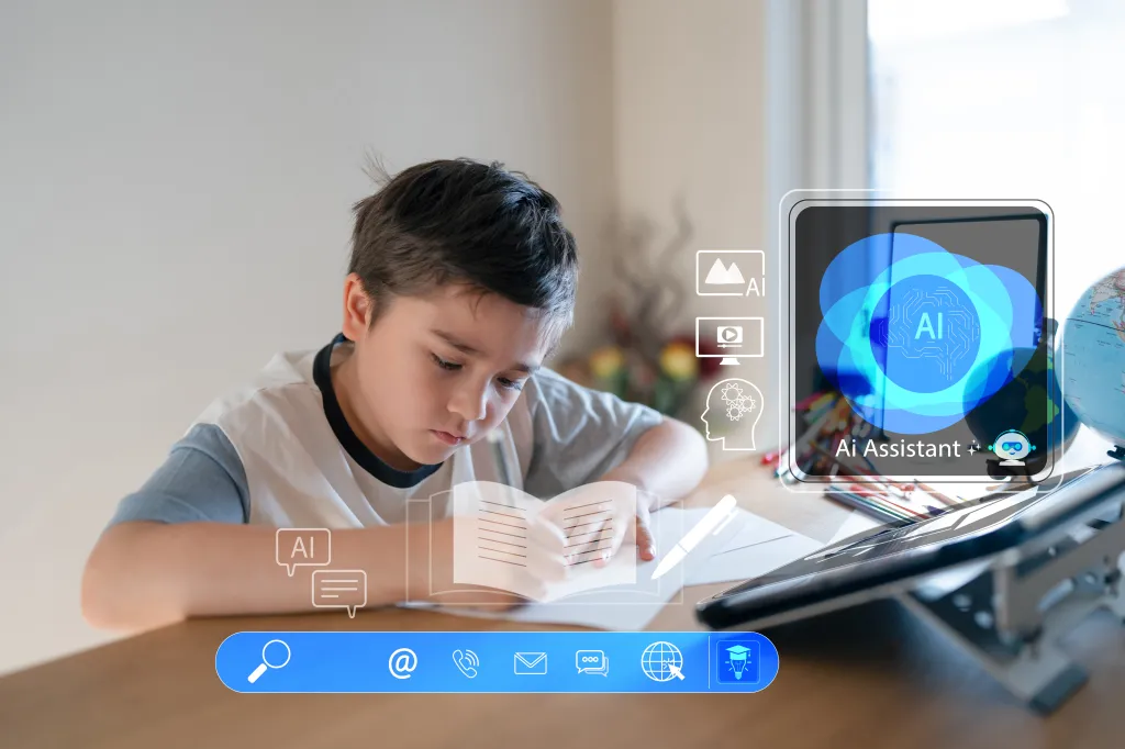 Illustration of a young boy writing at a desk with AI assistance shown through futuristic digital overlays.