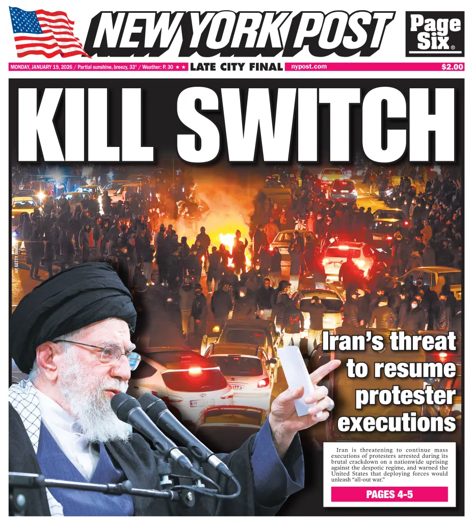 Collage of the New York Post front page featuring an image of Ayatollah Ali Khamenei and a fiery protest scene, with the headline