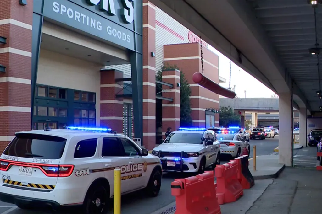Police cars with flashing lights outside a mall entrance for "Sporting Goods."
