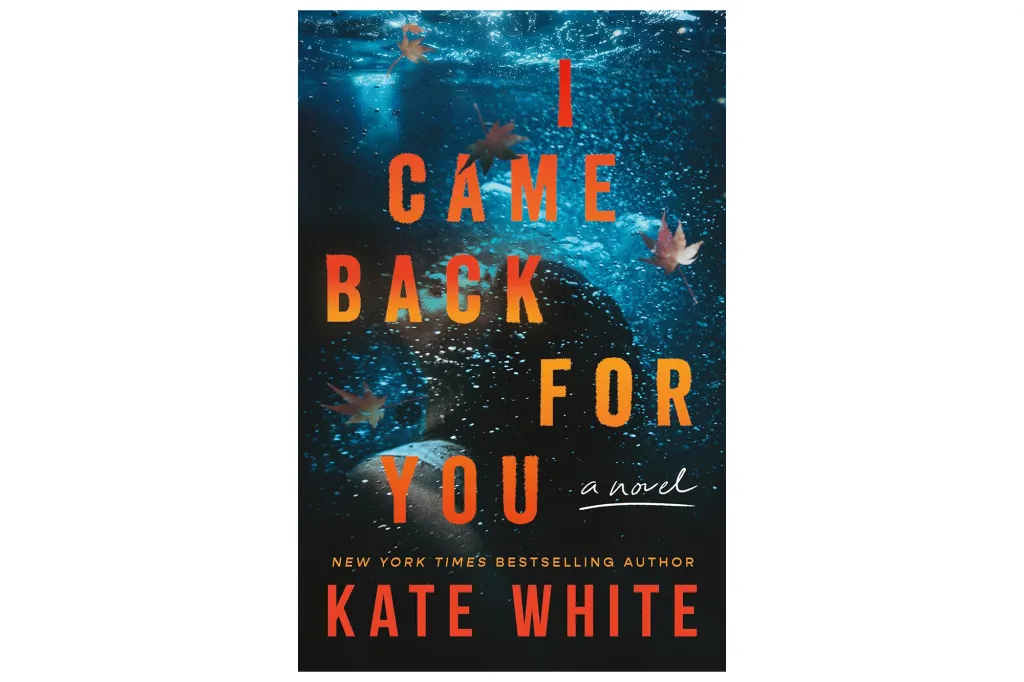 The book cover for "I Came Back for You" by Kate White, featuring orange text on a dark blue background with submerged leaves and water bubbles.