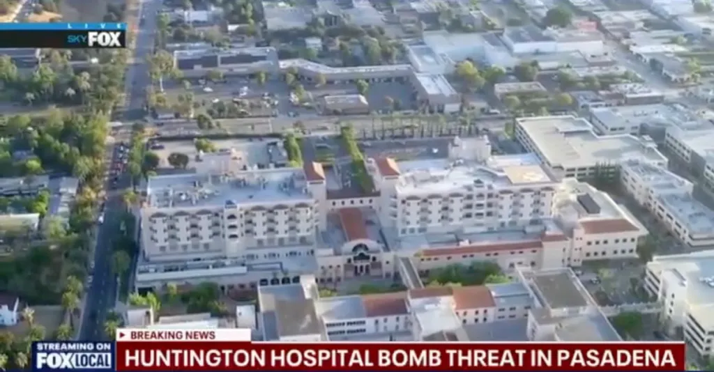 Aerial view of Huntington Hospital in Pasadena during a bomb threat.