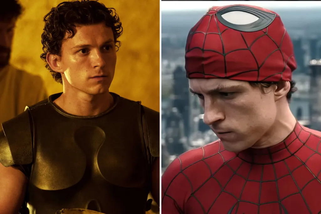 Collage of Tom Holland as Danny in "The Crowded Room" and as Spider-Man.