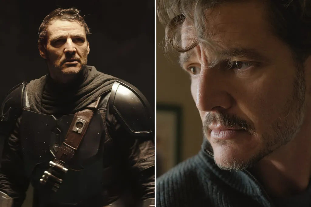 Collage of Pedro Pascal as Din Djarin from "The Mandalorian" and as Joel Miller from "The Last of Us."