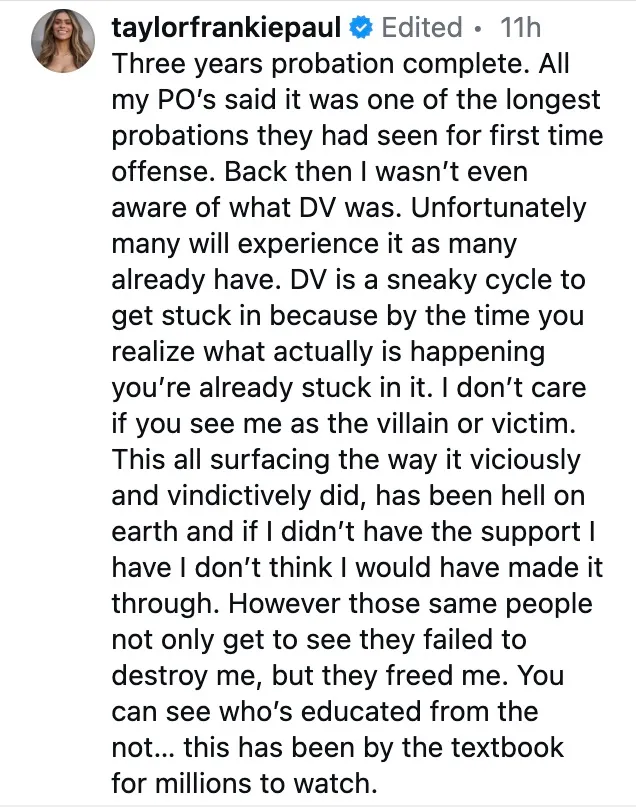 Taylor Frankie Paul's Instagram post announcing the end of her three-year probation.
