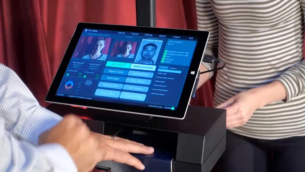 A tablet showing facial recognition software with "ACCEPTED" and "UNREGISTERED" patrons, displaying "GARY CAMERO Age: 36" and other data.