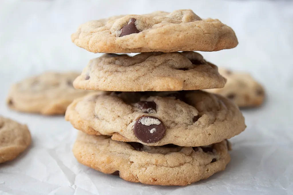A stack of four chocolate chip cookies on a white surface.