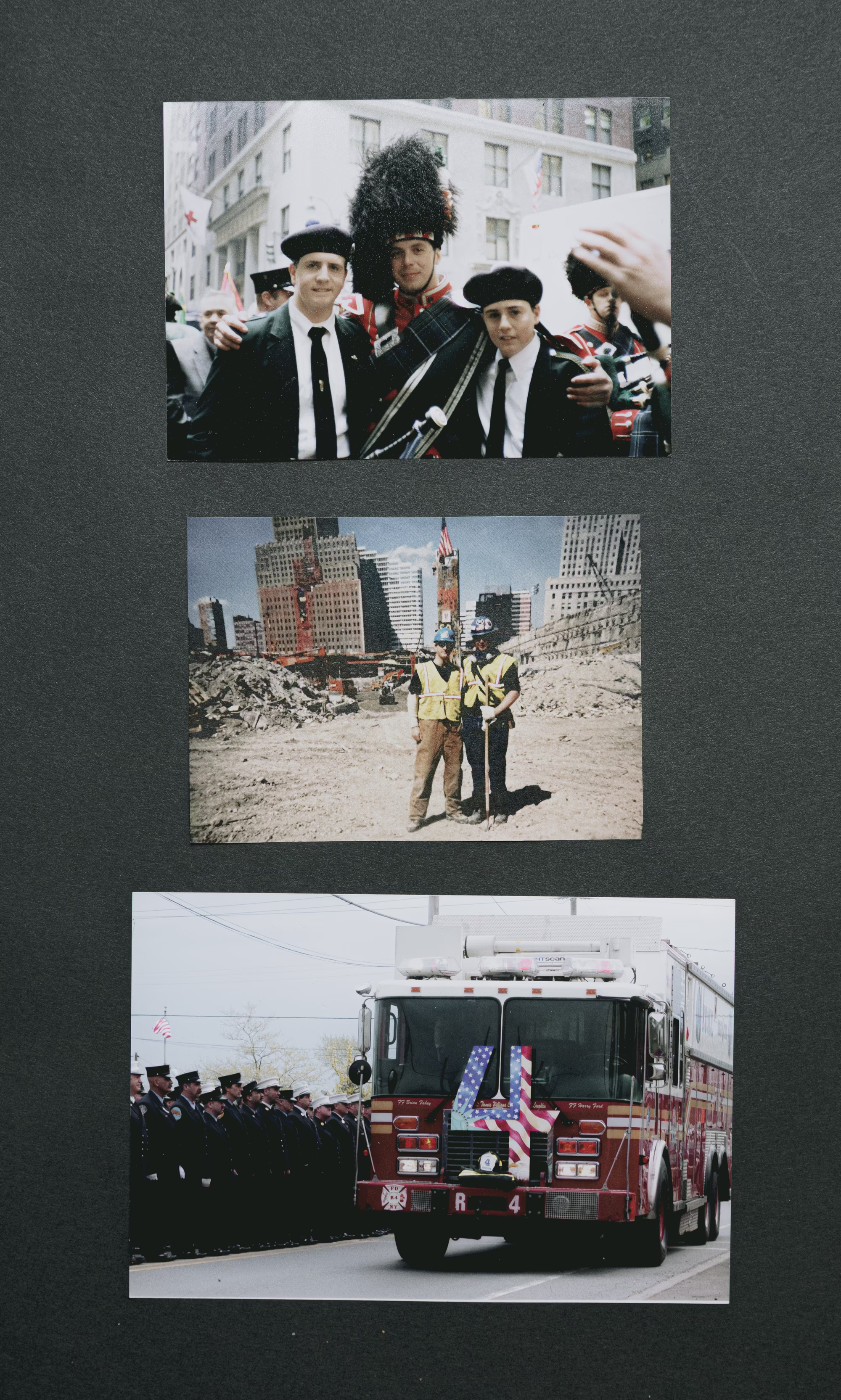 3 photos: man in large feathered parade cap with arms around two young men in black jackets, hats, and ties; two men in construction gear in rubble with skyline behind; fire engine bearing large '4' with U.S. flag pattern on front drives past row of uniformed mourners standing at attention