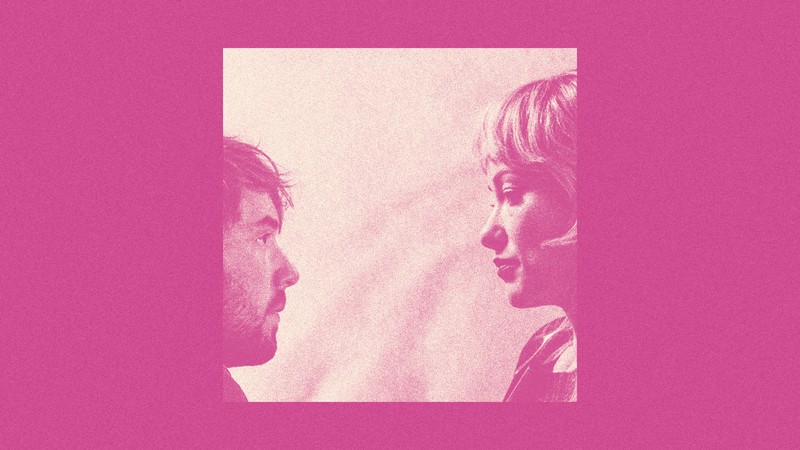 A pink background with a square screenshot from the movie