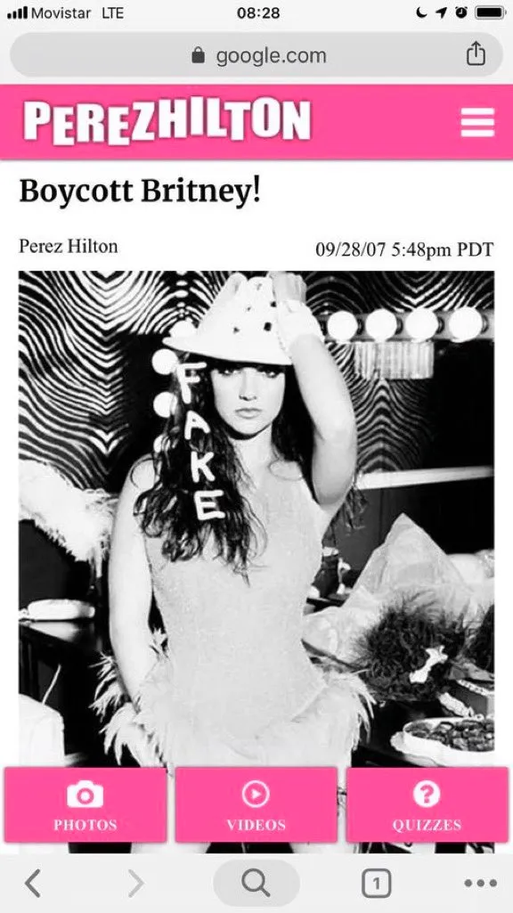 A screenshot of PerezHilton.com with the headline "Boycott Britney!" and a black and white photo of Britney Spears wearing a hat and a sign that reads "FAKE" on her chest.