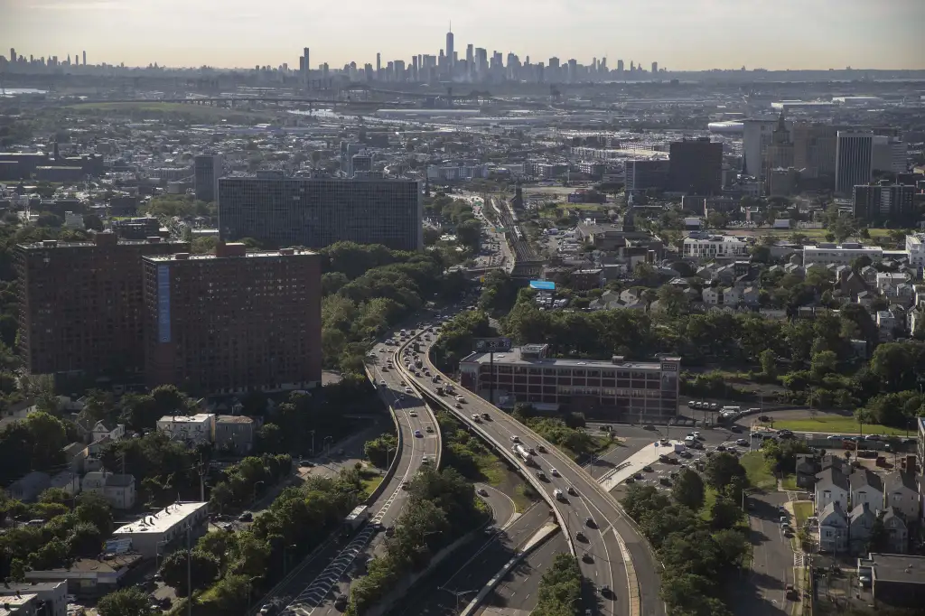Vehicles travel along roads in Newark, New Jersey.