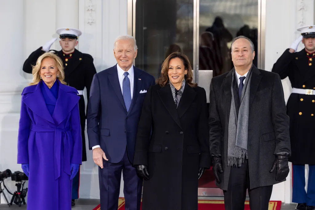 President Joe Biden and his wife, Jill, pose for a photo with Vice President Kamala Harris and her husband, Doug Emhoff, on their last day at the White House on Jan. 20, 2026.