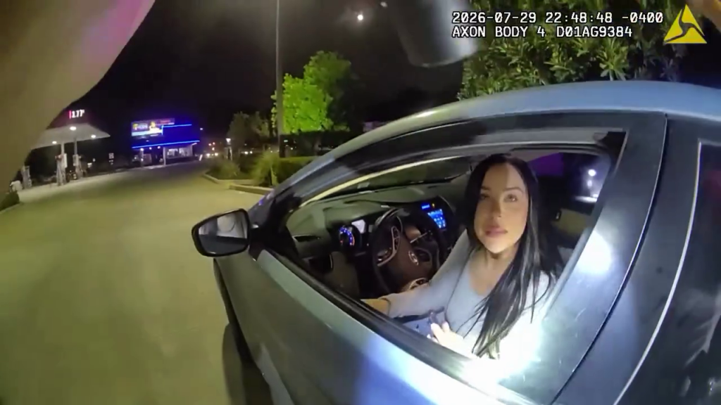 Bryce Swanson is confronted by Florida deputies during a traffic stop where she gave a fake name before 12 fake IDs were found in the car on July 29, 2026.