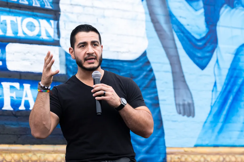 Democratic Senate candidate Abdul El-Sayed speaks at a rally.