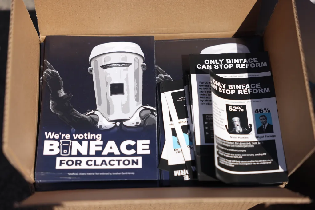 Leaflets in support of Count Binface are seen on Saturday, Aug. 8, 2026, in Clacton-on-Sea, United Kingdom.