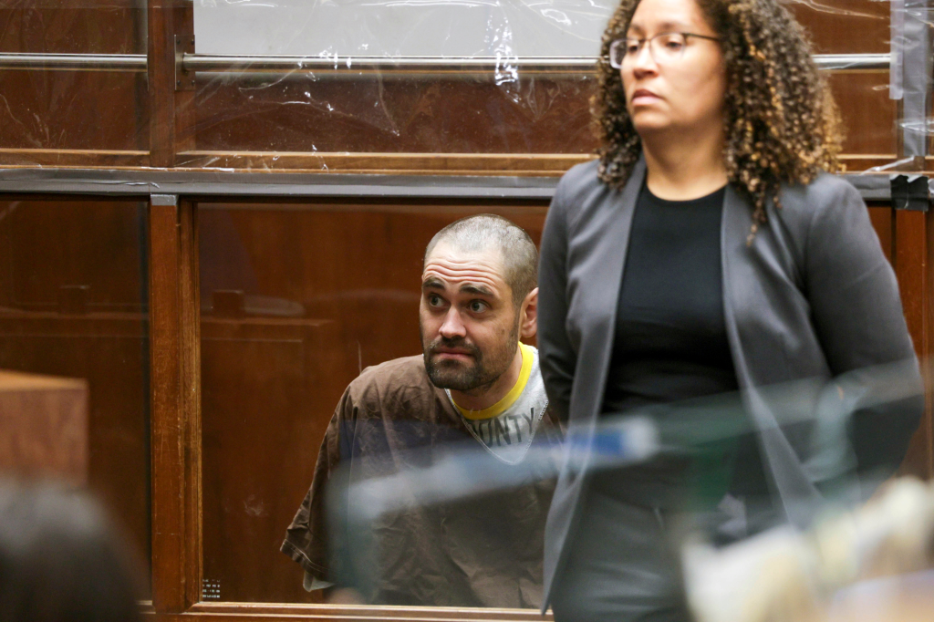 Nick Reiner, wearing a brown shirt, in court with his attorney Kimberly Greene.